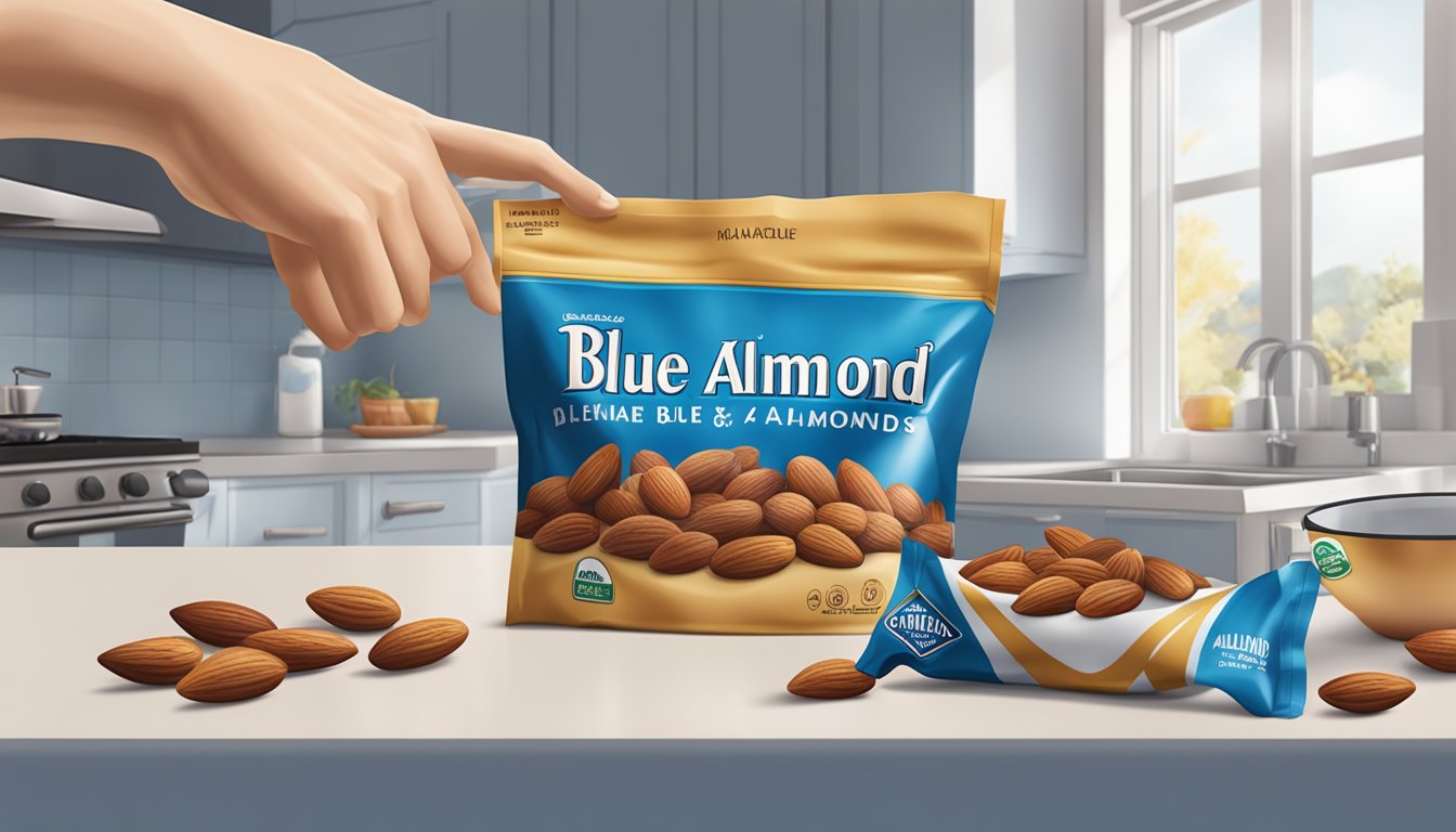 A hand reaching for a bag of Blue Diamond Almonds on a kitchen counter