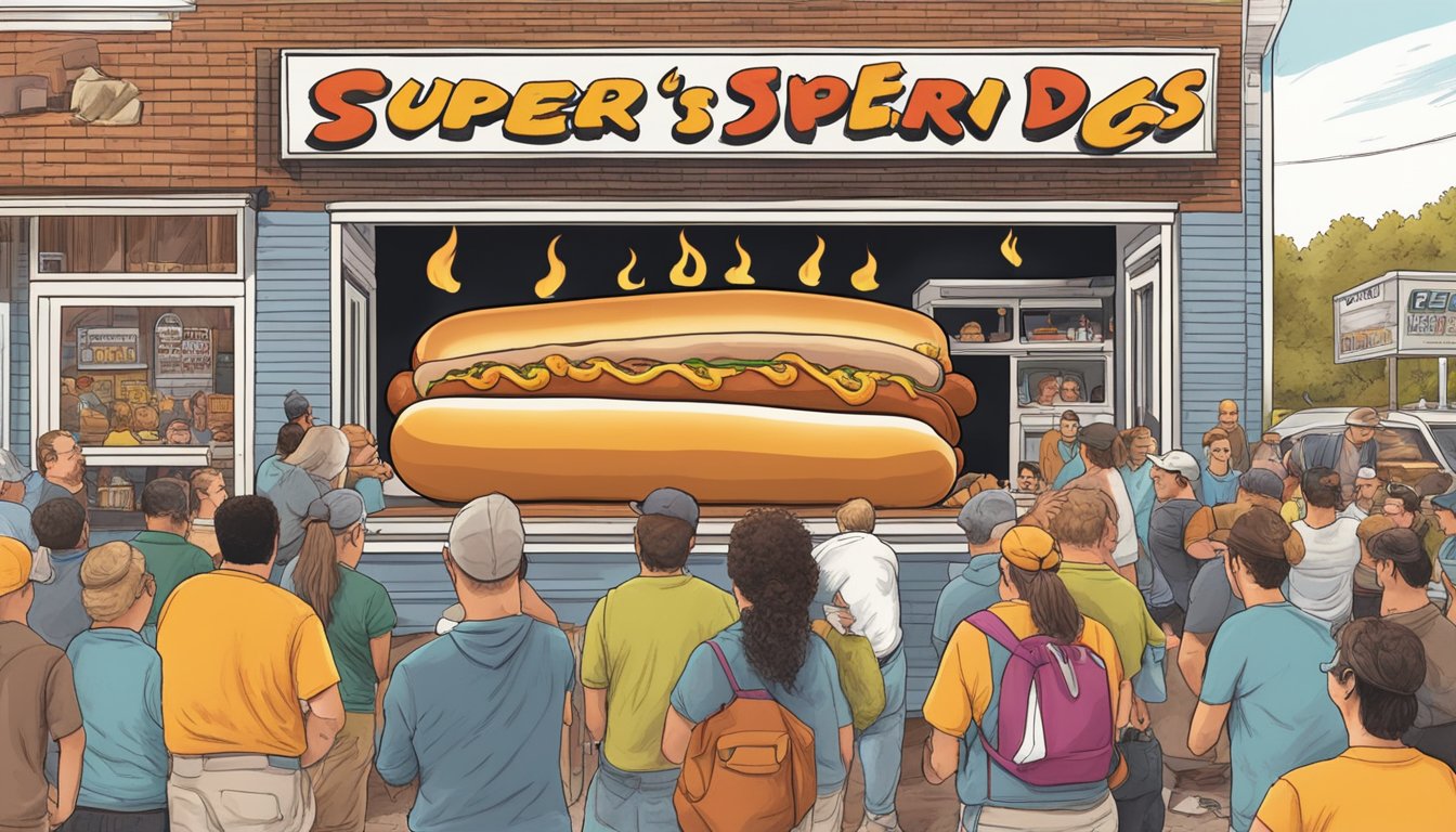 A giant hot dog engulfed in flames, surrounded by onlookers and a timer, at Super Duper Weenie's in Connecticut