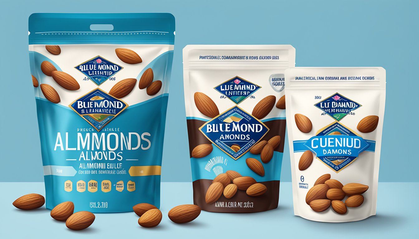 A single bag of Blue Diamond almonds next to a measuring cup and a portion control guide