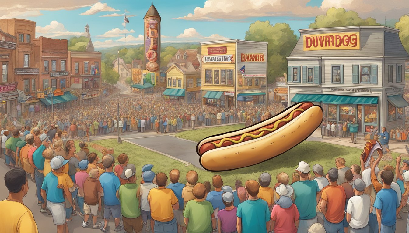 A giant hot dog dwarfs a small town, surrounded by cheering spectators and a towering challenge sign