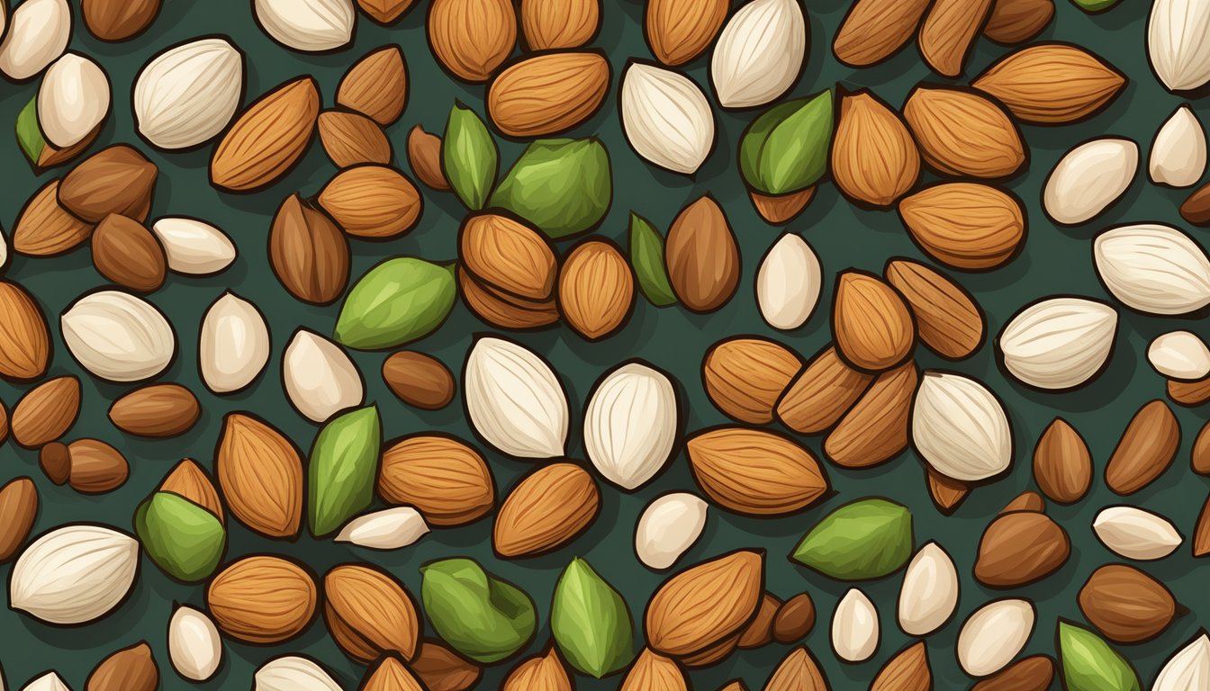 A pile of various tree nuts, including almonds, arranged in rows for comparison