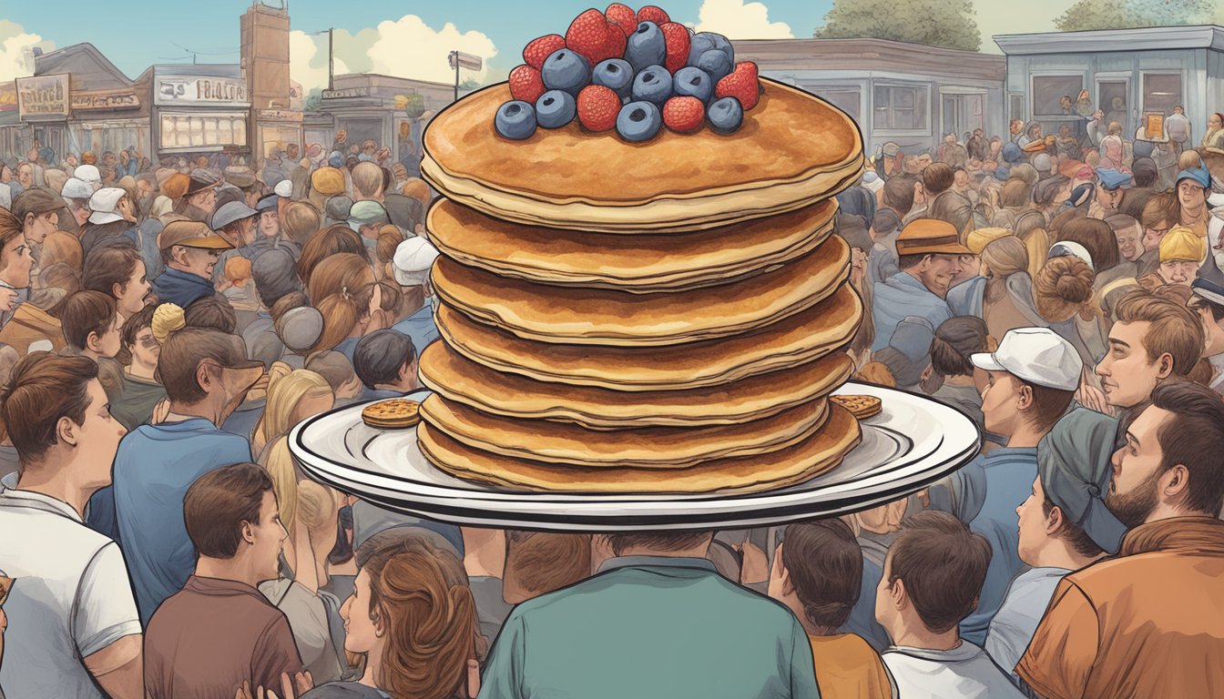 A towering stack of pancakes topped with a variety of decadent toppings, surrounded by a crowd of eager onlookers at Sloppy Waffle's Pancake Extravaganza in Connecticut