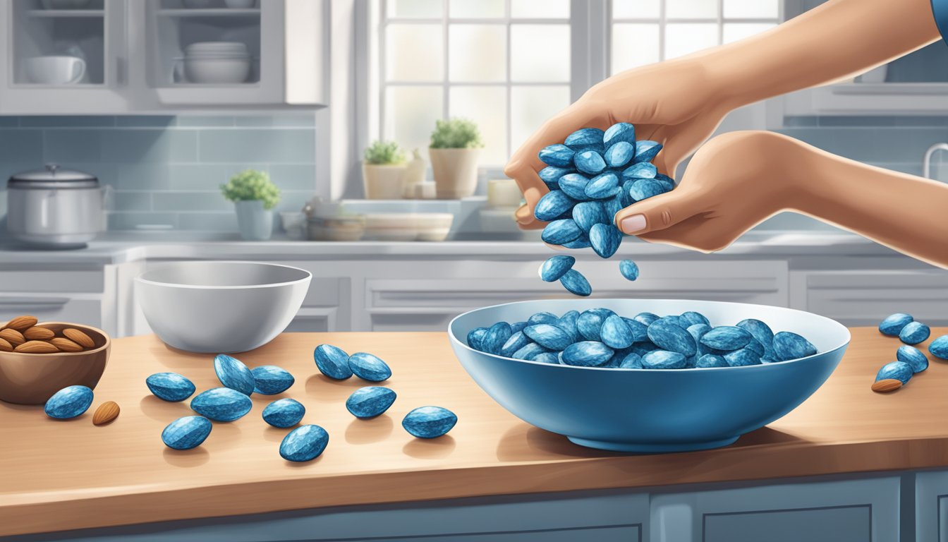 A person pouring a handful of Blue Diamond Almonds from a bag into a small bowl on a kitchen counter