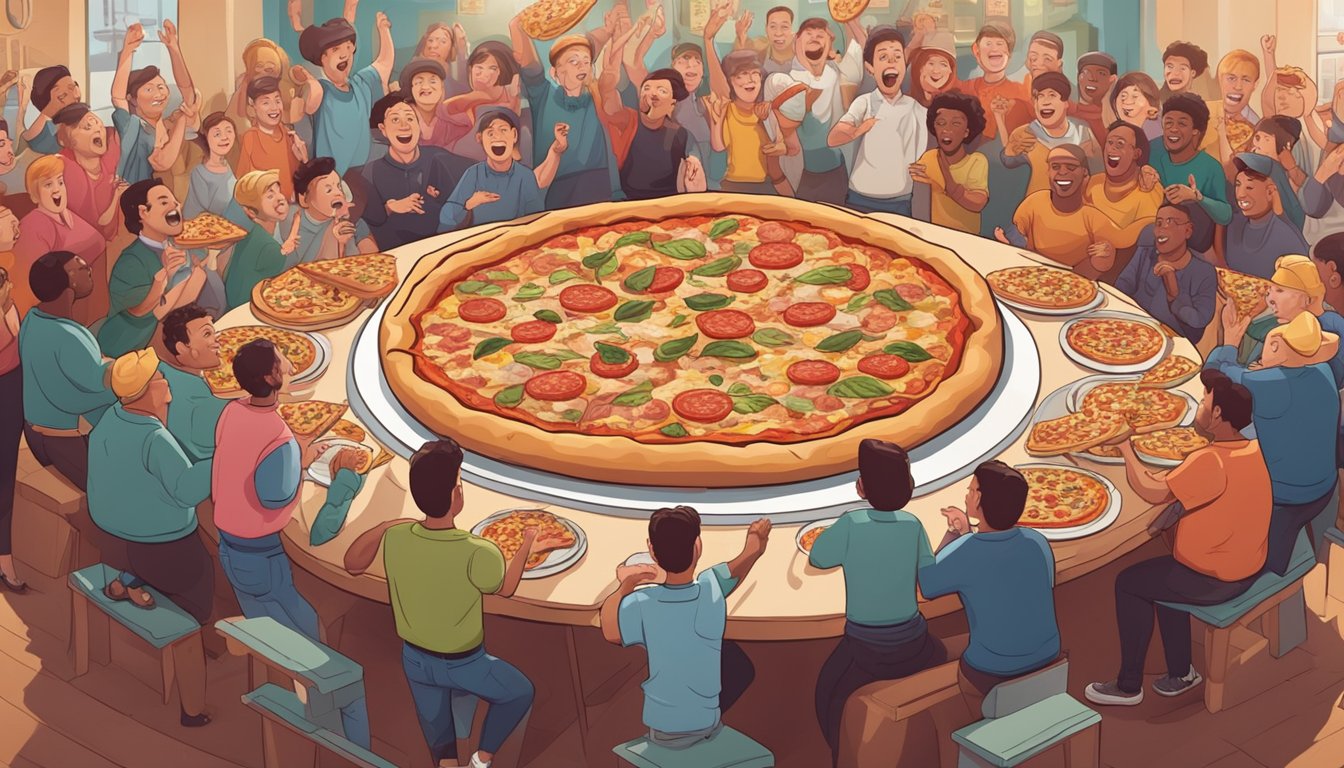 A massive pizza with various toppings sits on a table, surrounded by cheering onlookers in a bustling pizzeria