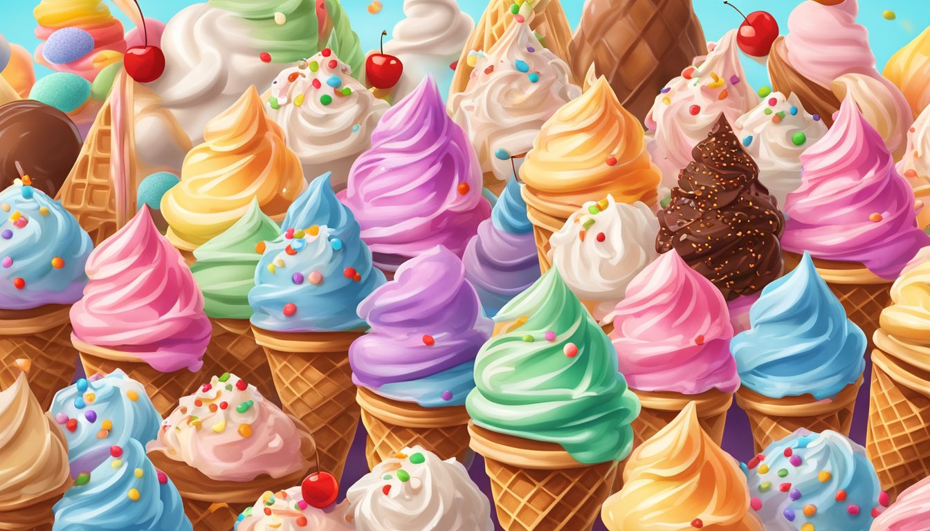 A towering stack of colorful ice cream scoops on a waffle cone, topped with whipped cream, sprinkles, and a cherry, surrounded by cheering onlookers