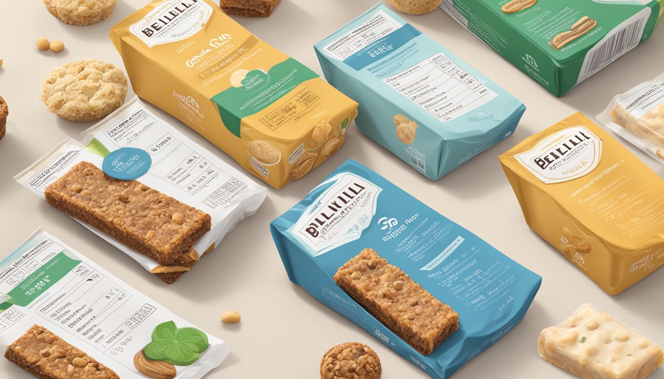 A table filled with various flavors of belliwelli soft baked snack bars, surrounded by nutritional information and serving size guidelines