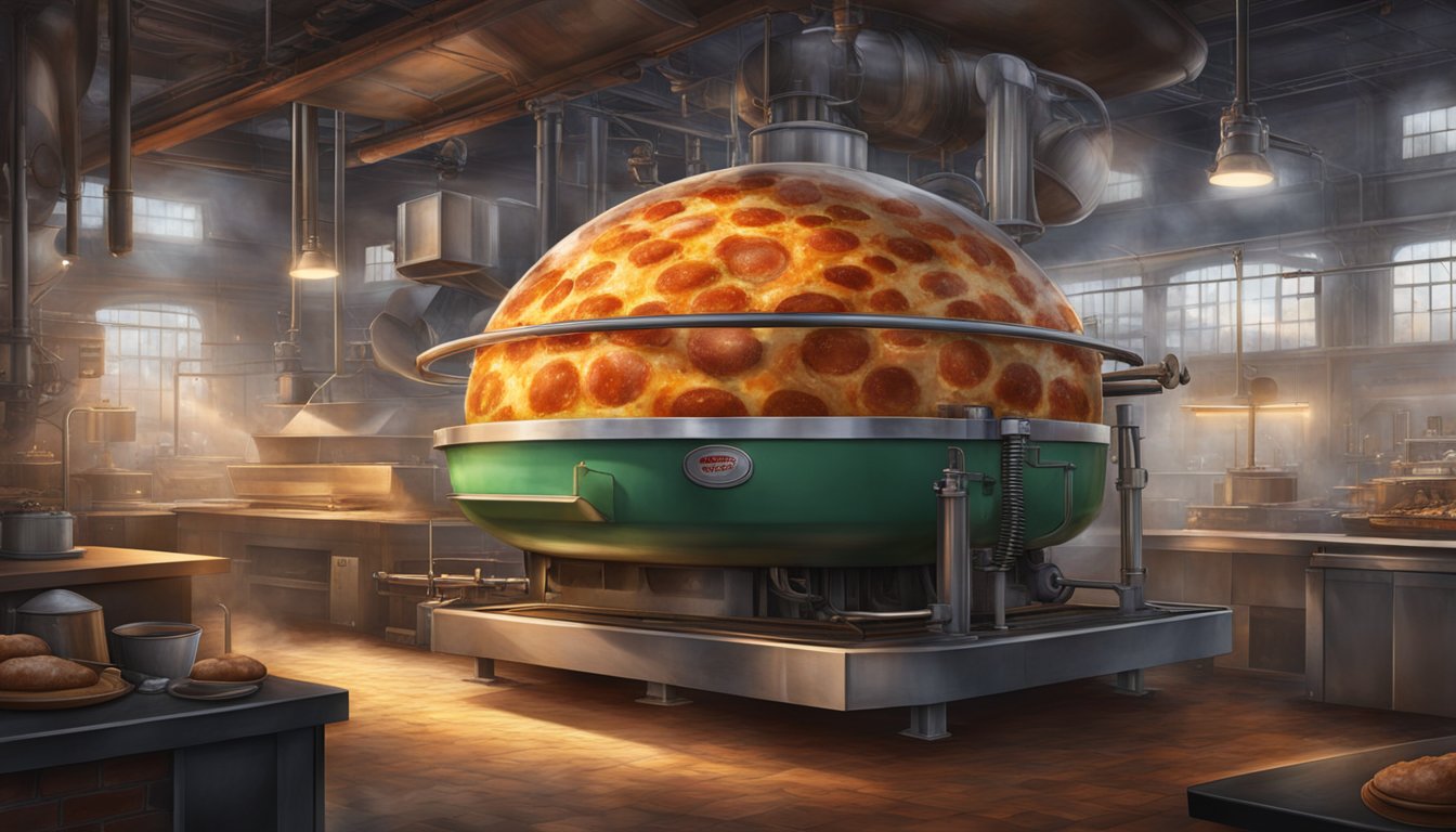 A colossal meatball pizza sizzling in the engine room of a restaurant, surrounded by industrial machinery and steam