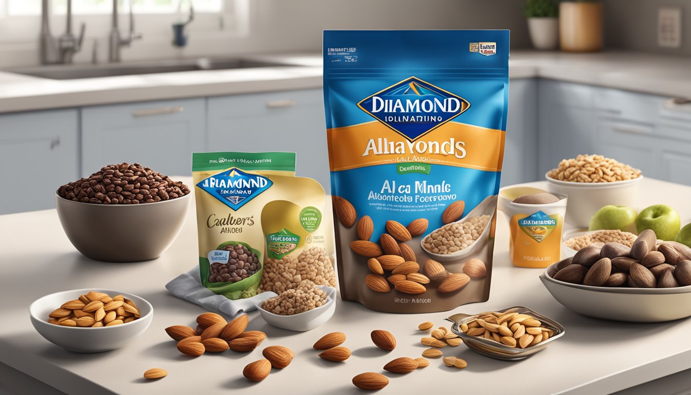 A bag of Blue Diamond almonds surrounded by heart-healthy foods on a kitchen counter