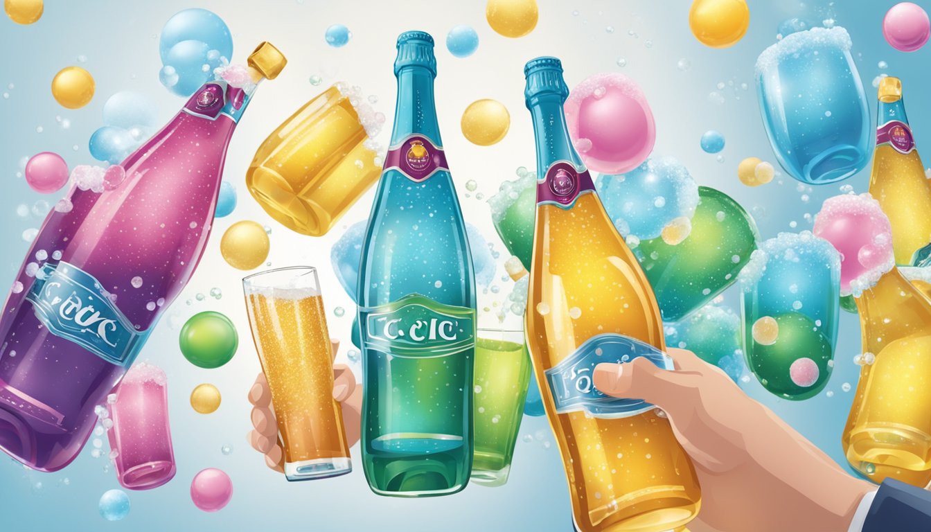 A person pouring multiple bottles of Sparkling Ice into a large glass, overflowing with bubbles