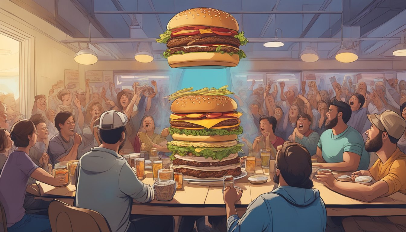 A towering burger with stacked layers of meat, cheese, and toppings looms over a table surrounded by cheering onlookers at Sack Lunch in Colorado Springs