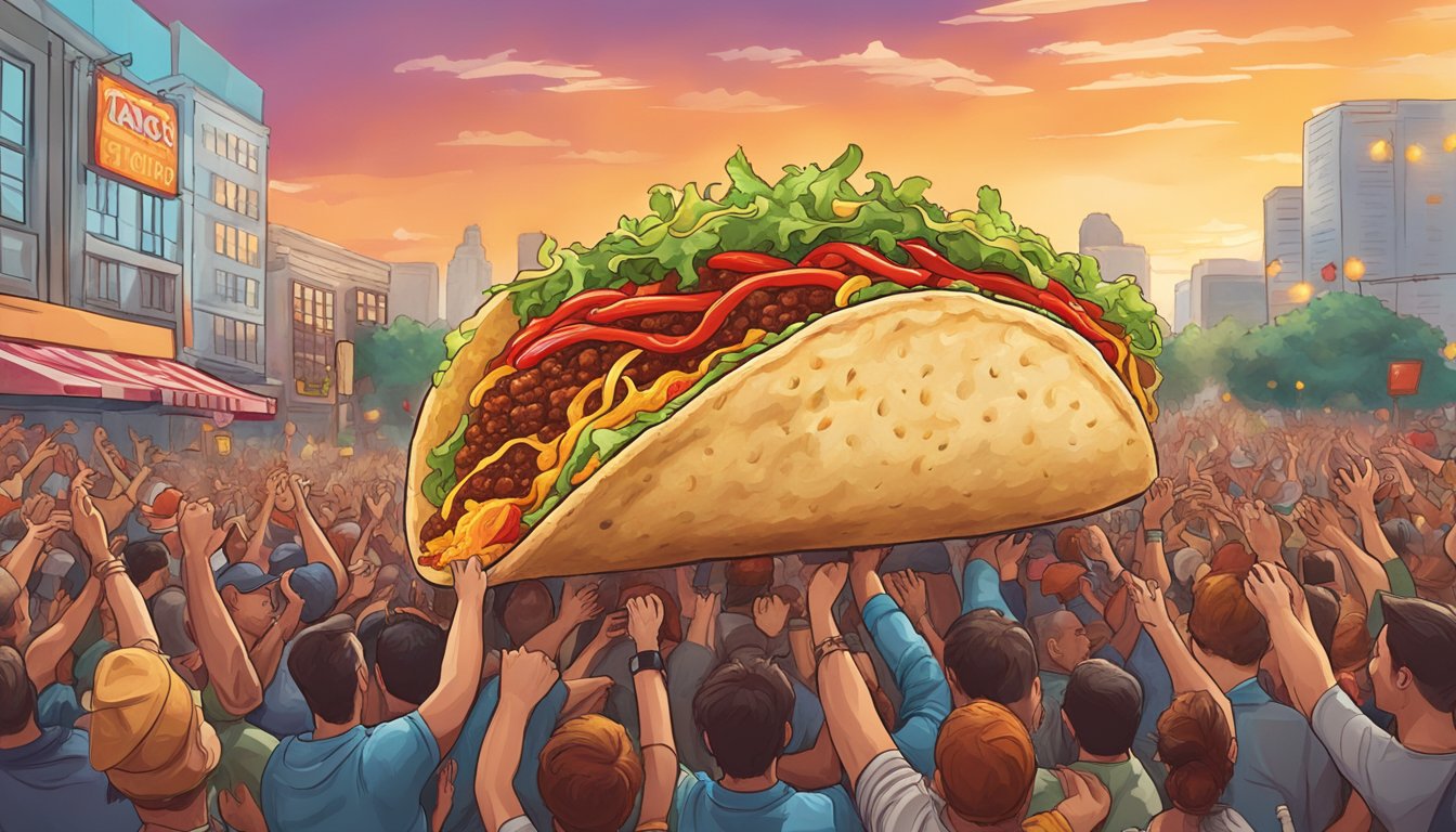 A towering, fiery taco topped with blazing hot peppers and dripping with spicy sauce, surrounded by a crowd of onlookers cheering on the brave challenger