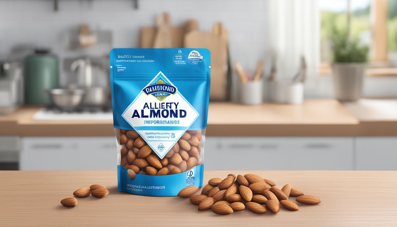 A person holding a bag of Blue Diamond almonds with a prominent "Safety and Allergy Information" label