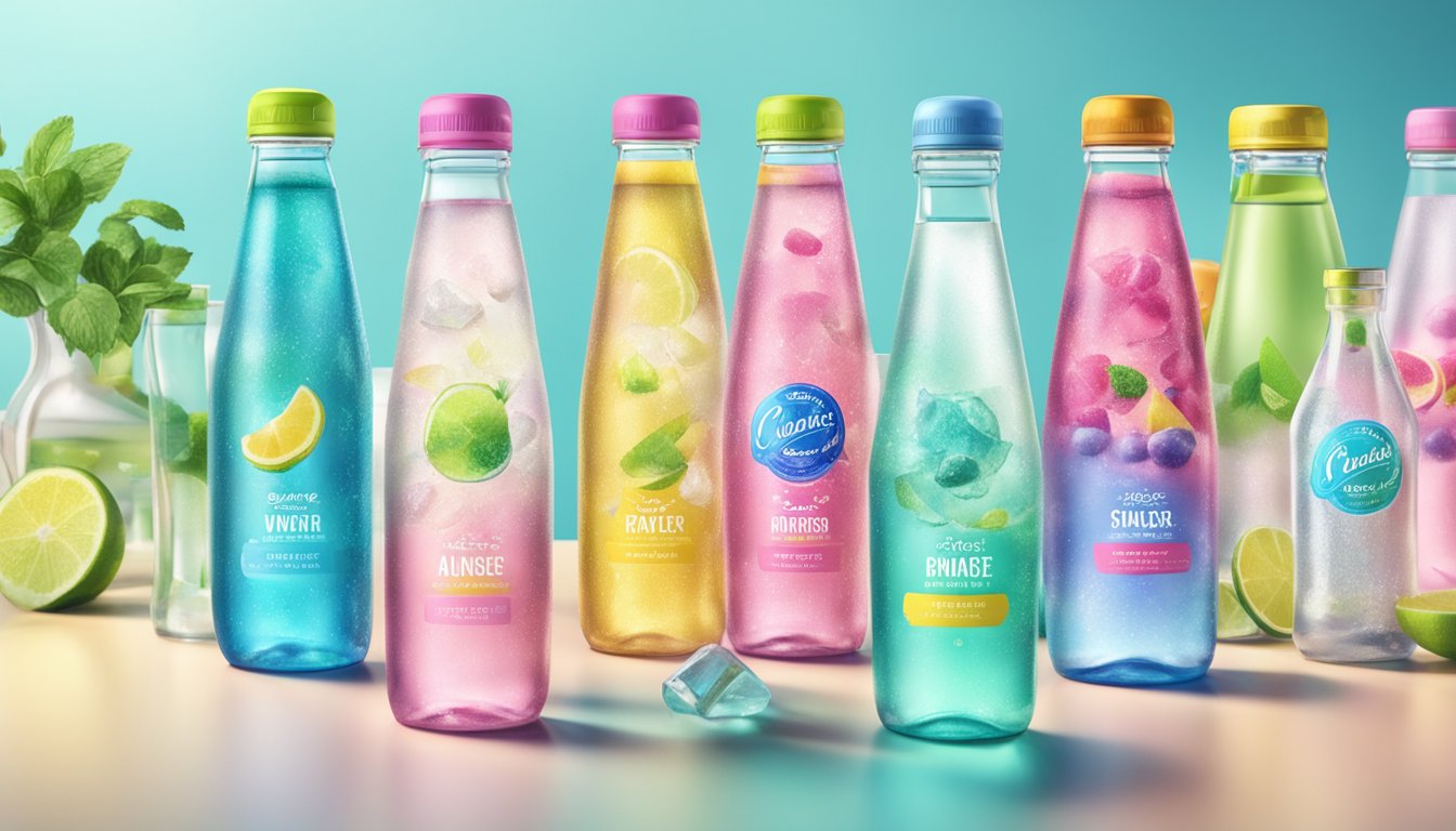 A colorful array of sparkling ice sparkling water bottles, some empty, some full, arranged in a pyramid on a kitchen counter