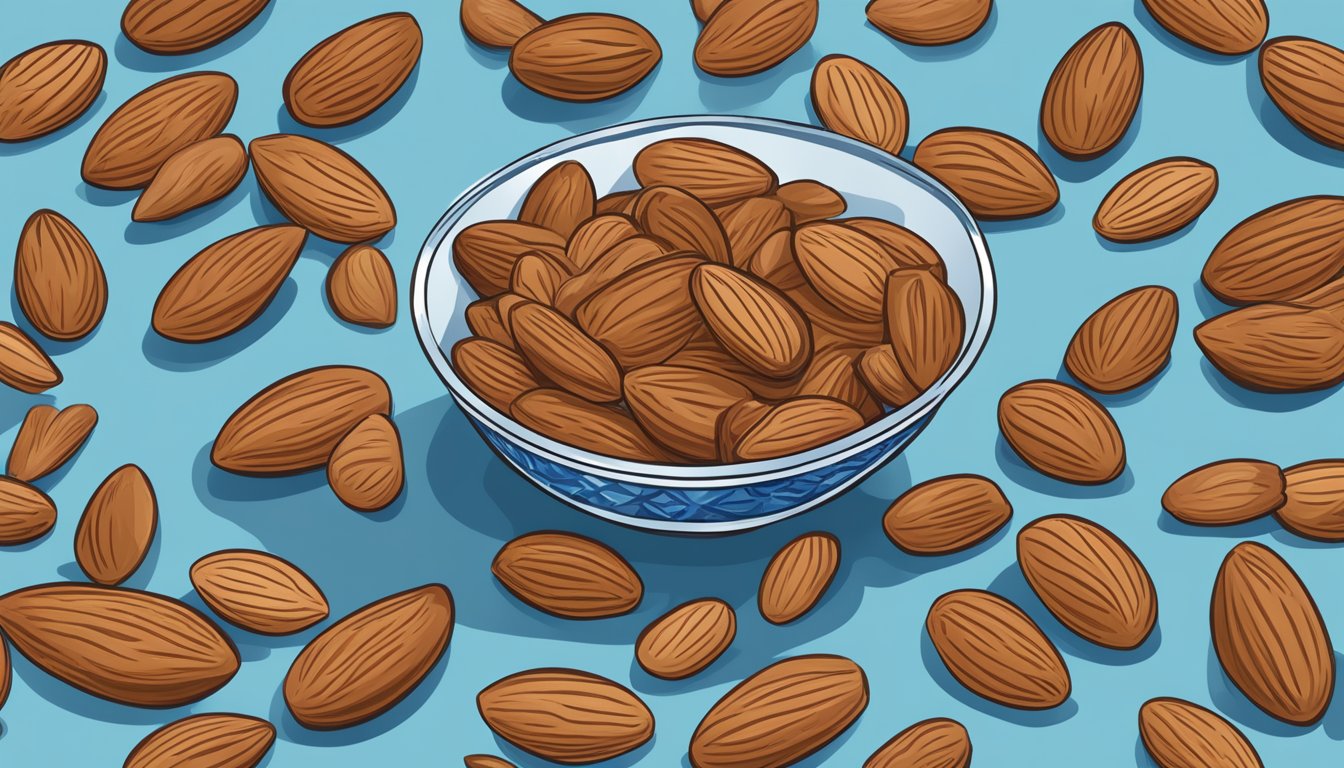 A bowl of blue diamond almonds spilling out onto a table, with a few almonds scattered around