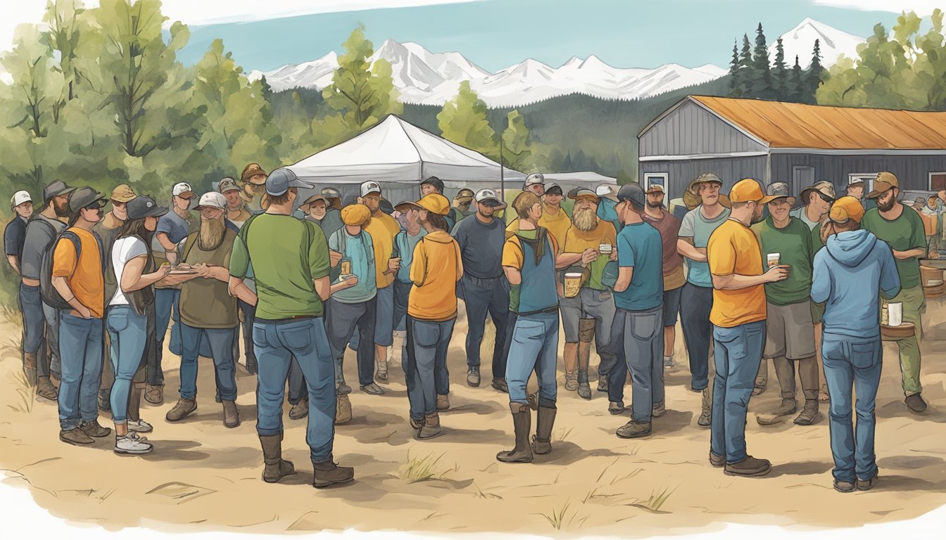 A group of people gather outside the Horsefly Brewing Company in Colorado, participating in the Montrose Boot Camp Challenge. The atmosphere is lively as participants take on various food challenges