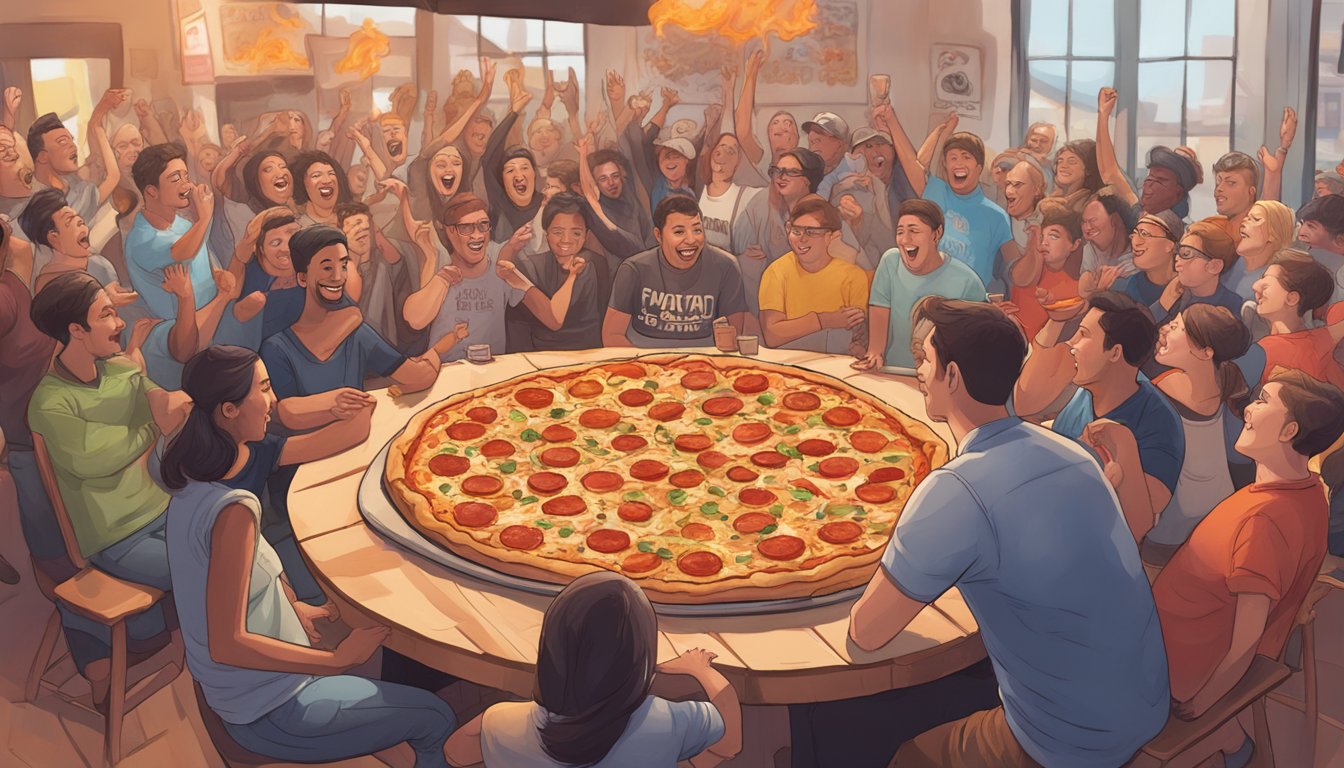 A towering Inferno Pizza Challenge sits on a table at Nicola Pizza, surrounded by cheering spectators