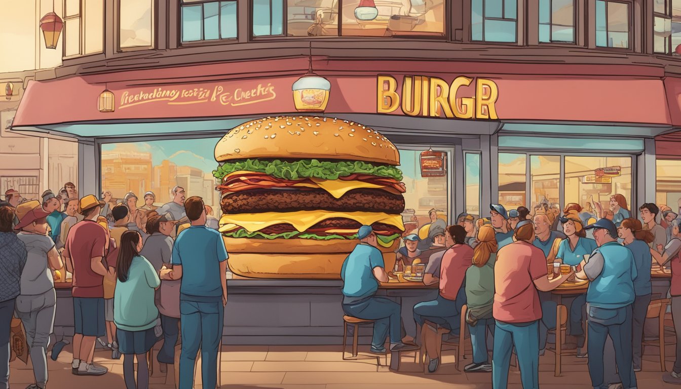 A towering Fatty Melt Burger with multiple patties, cheese, and bacon, surrounded by a crowd of onlookers in the bustling Cherry Cricket restaurant in Denver, Colorado