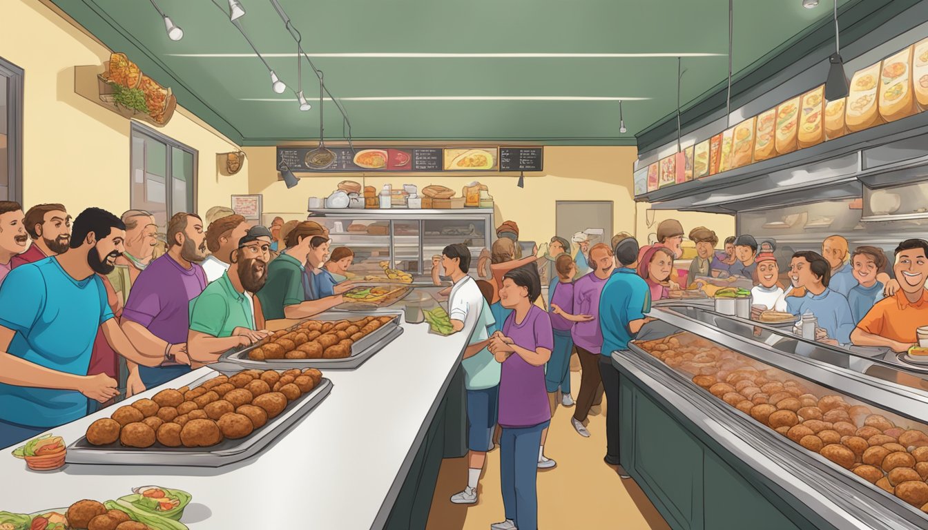 A bustling deli counter with a row of sizzling meatball subs, surrounded by hungry customers cheering on the "Meatball Marathon" challenge