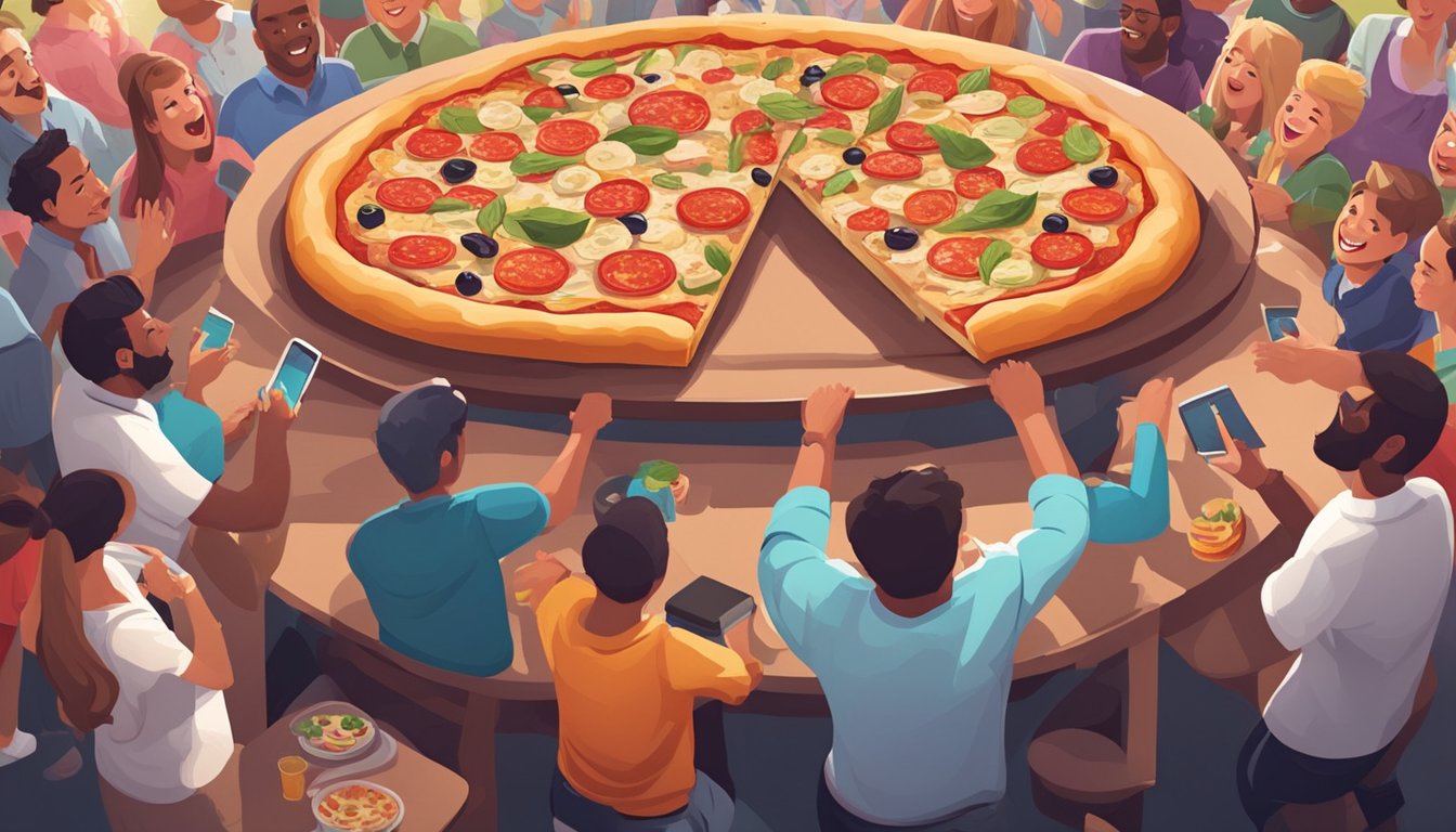 A giant pizza with various toppings sits on a table, surrounded by cheering onlookers