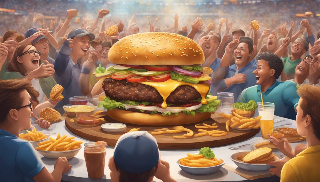 A towering burger, overflowing with toppings, sits on a table surrounded by cheering spectators