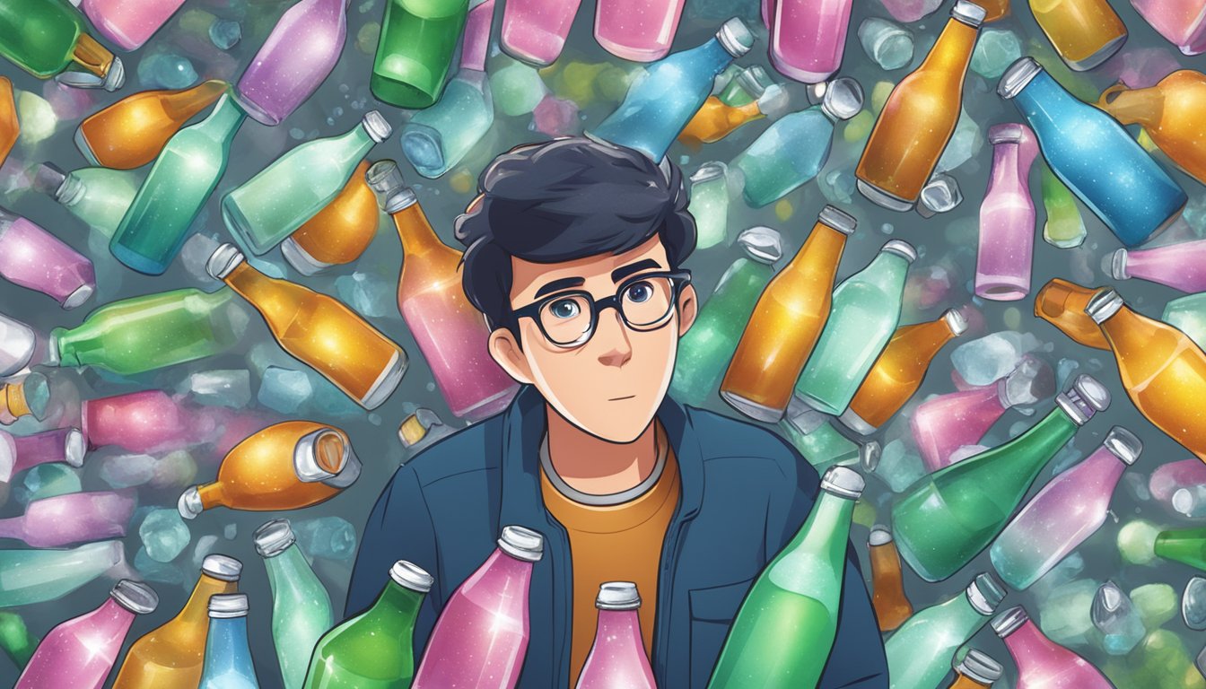 A person surrounded by empty sparkling ice bottles, looking overwhelmed