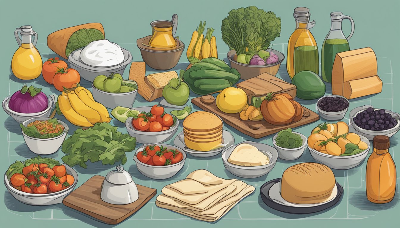 A diverse array of food items, from fresh produce to packaged goods, are arranged on a table. A chef's hat and apron hang nearby, suggesting a cooking challenge