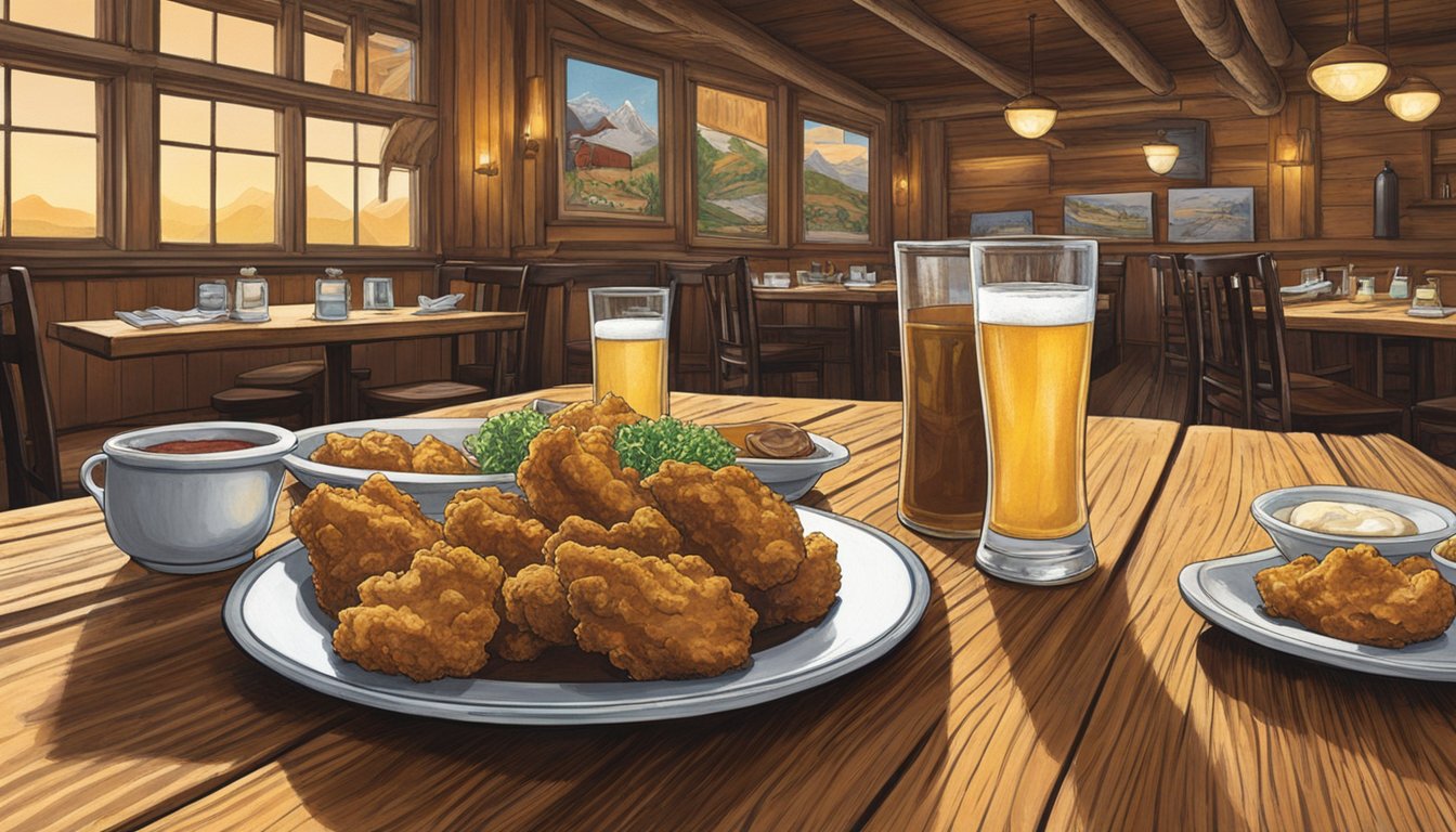 A plate of Rocky Mountain oysters sits on a wooden table at The Buckhorn Exchange. The restaurant's rustic decor and cowboy theme are evident in the background