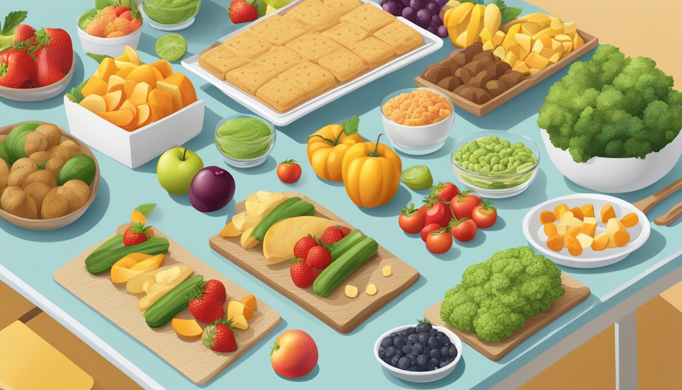 A table with a variety of food items, including belliwelli soft baked snack bars, surrounded by fruits and vegetables