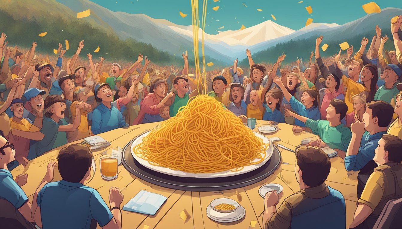 A table with a mountain of spaghetti, surrounded by cheering spectators, with a timer ticking down