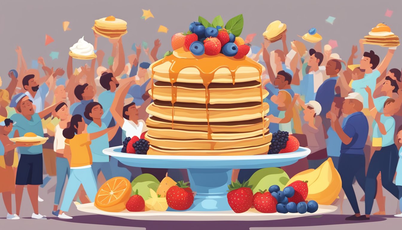 A towering stack of oversized pancakes topped with a mountain of whipped cream and colorful fruit, surrounded by cheering onlookers