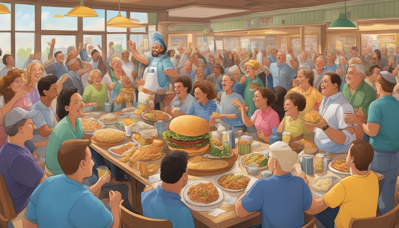 A table filled with oversized food items, surrounded by cheering spectators in a bustling Delaware restaurant