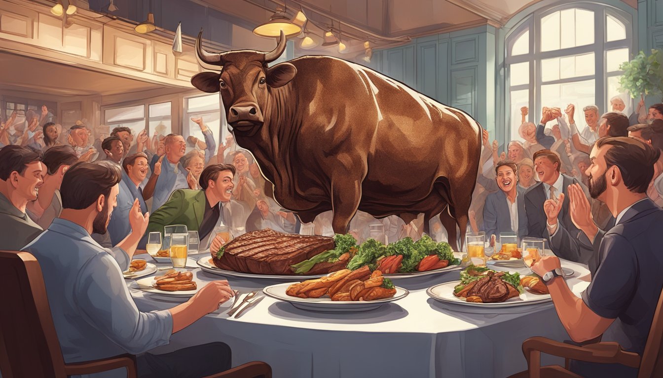 A massive steak on a plate, surrounded by cheering spectators in a bustling restaurant