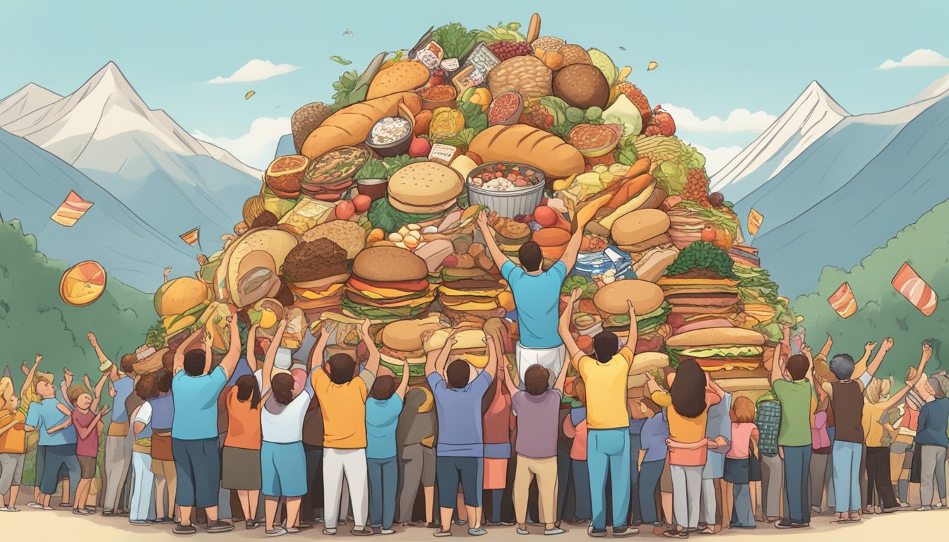 A towering mountain of oversized food items, surrounded by cheering onlookers and a timer counting down