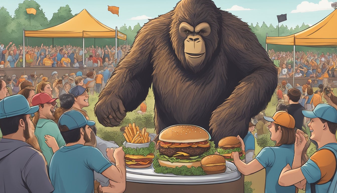 A towering Sasquatch Burger surrounded by cheering spectators at an Arkansas food challenge event