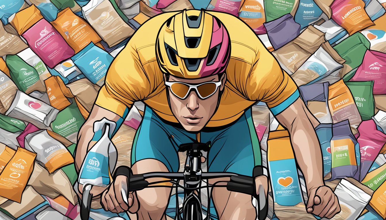 A cyclist surrounded by empty sachets of Tailwind Caffeinated Endurance Fuel, with a jittery expression and a rapid heart rate