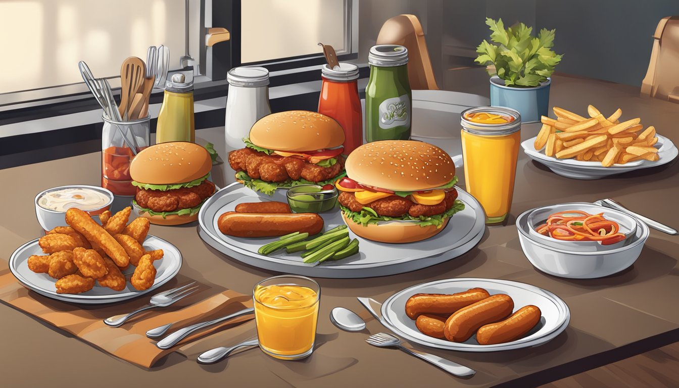 A table set with various food challenge items, including burgers, hot dogs, and spicy wings, with condiments and utensils nearby