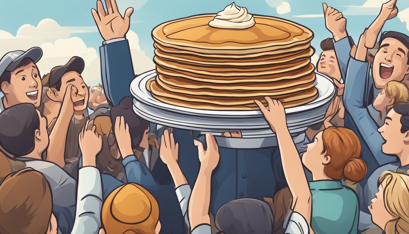 A towering stack of pancakes surrounded by cheering onlookers