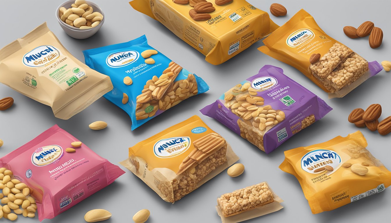 A variety of healthy snack options displayed on a table, including munch peanut bars. A nutrition label with serving sizes is visible