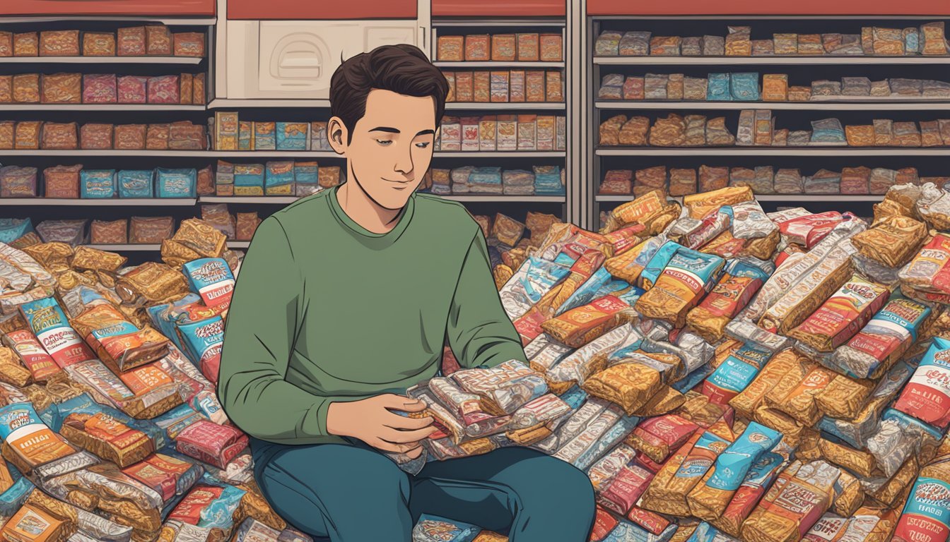 A person surrounded by empty Bob's Red Mill snack bar wrappers, with a pile of uneaten bars nearby