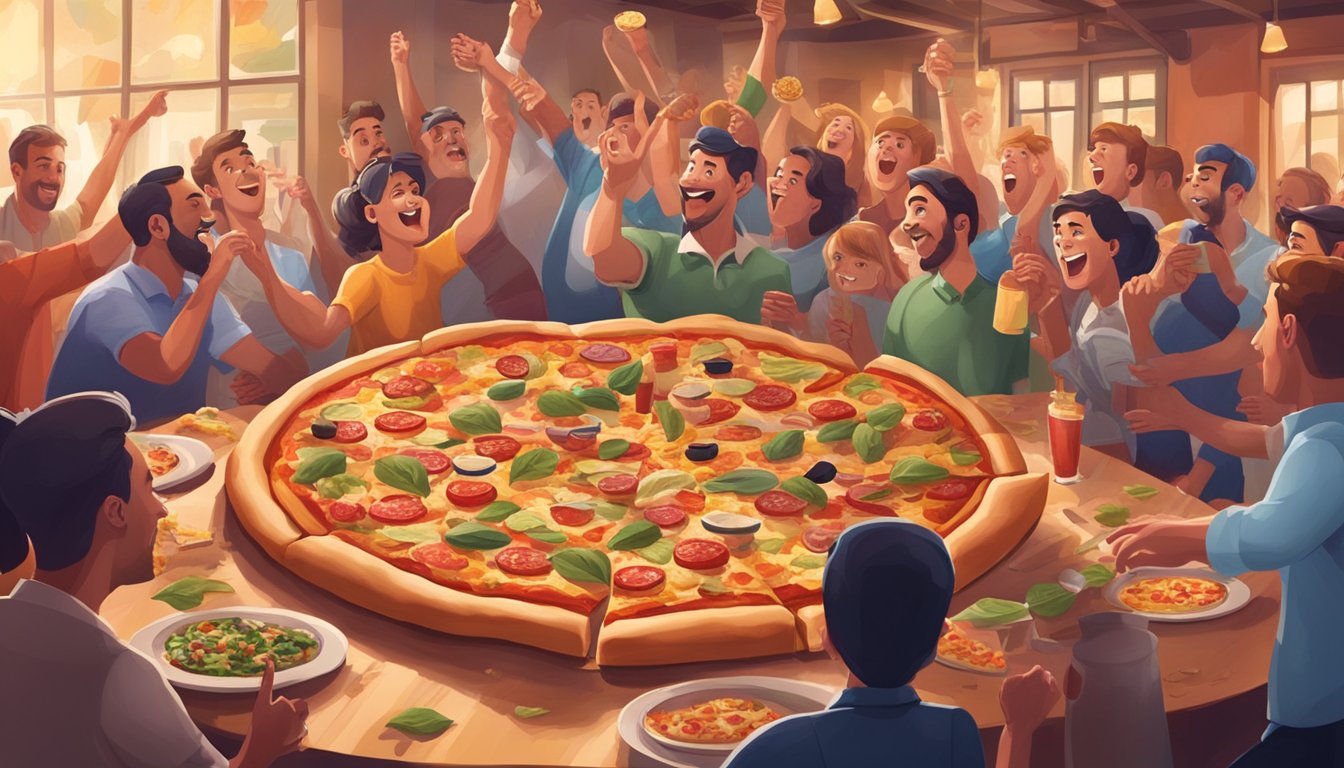 A giant pizza with various toppings, surrounded by cheering onlookers in a lively restaurant setting