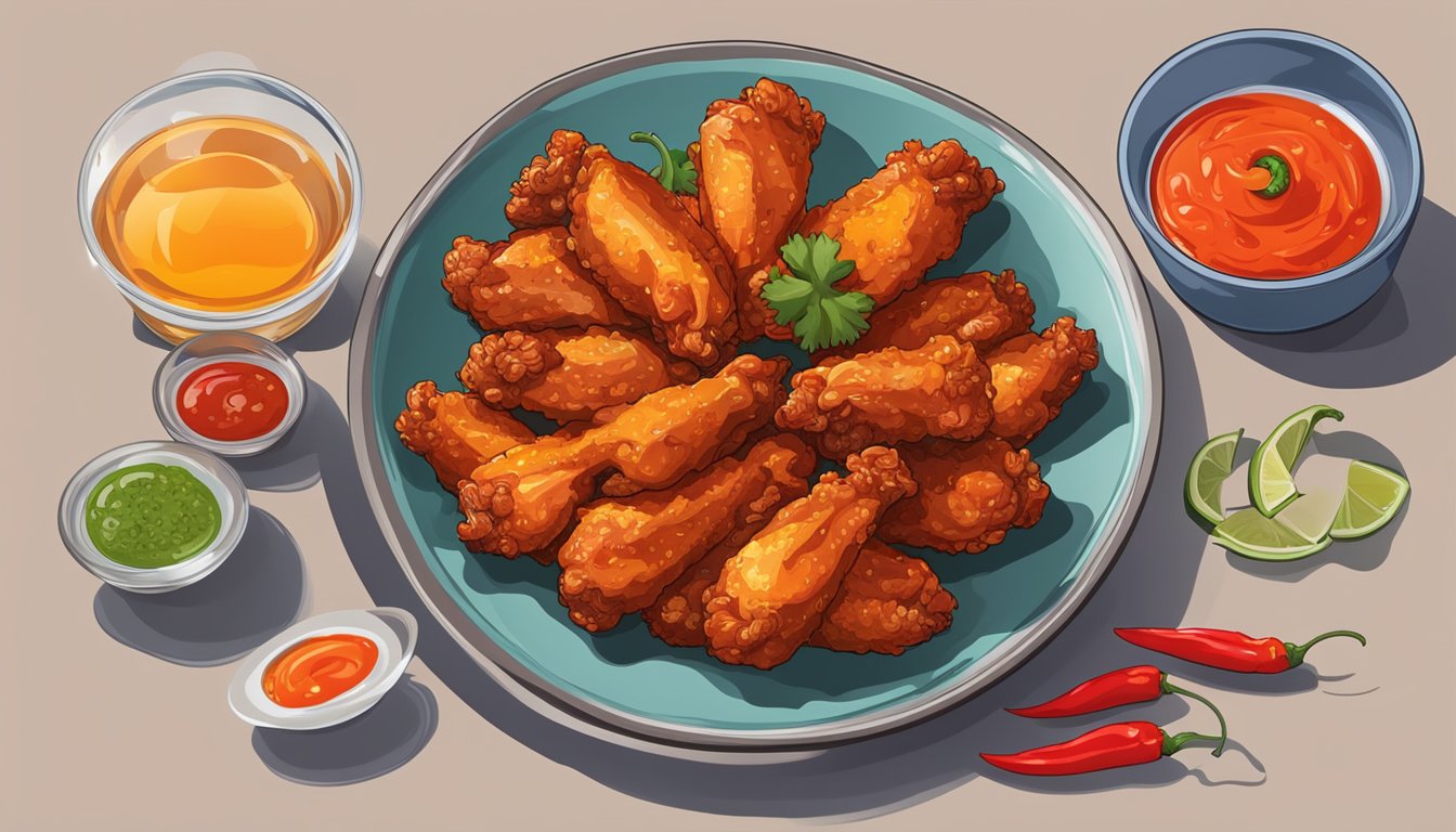 A colorful plate of spicy chicken wings surrounded by a fiery red pepper, a bowl of dipping sauce, and a glass of water