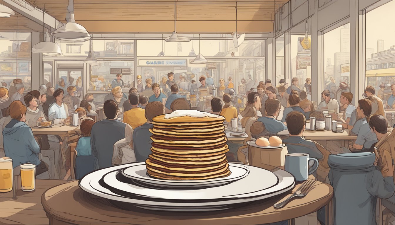 A towering stack of pancakes, eggs, bacon, and sausage on a large plate, surrounded by a crowd of onlookers at Mug's Café