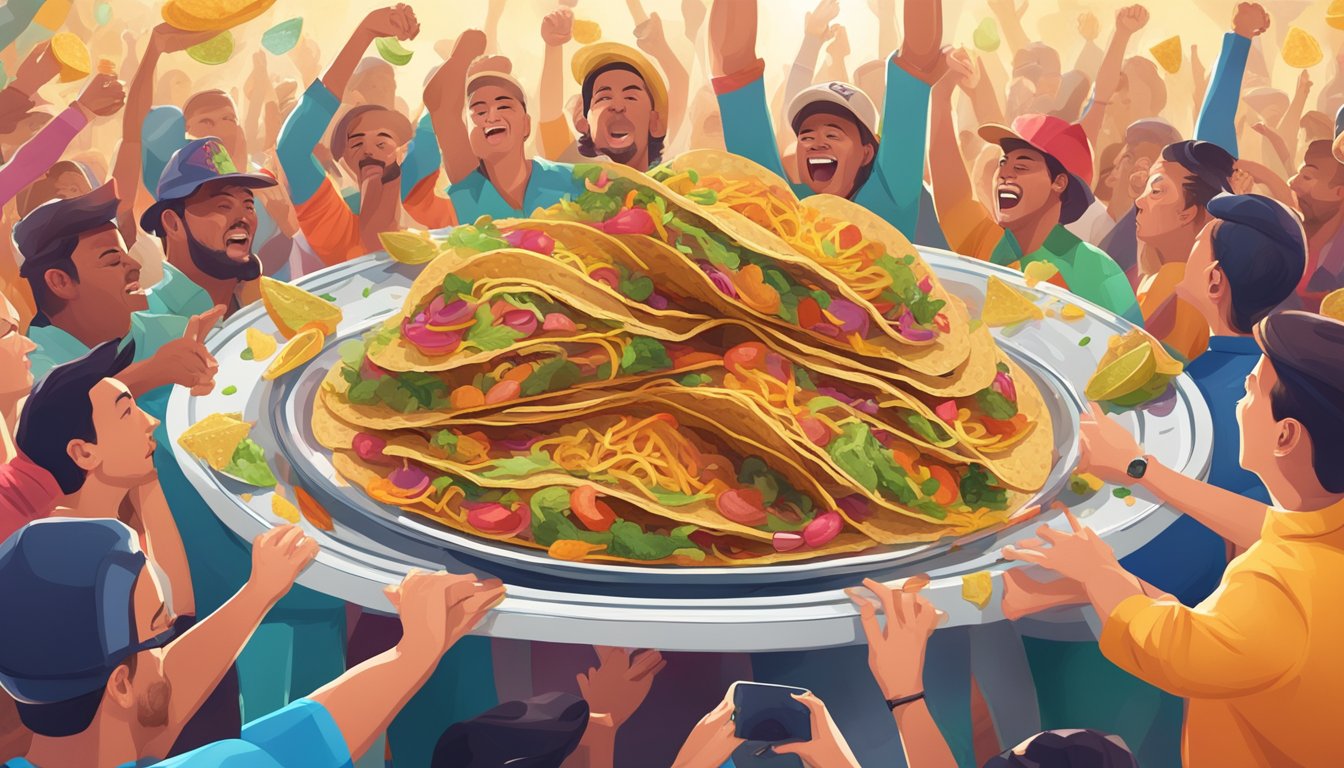 A towering pile of colorful tacos on a plate, surrounded by cheering spectators and a timer ticking down