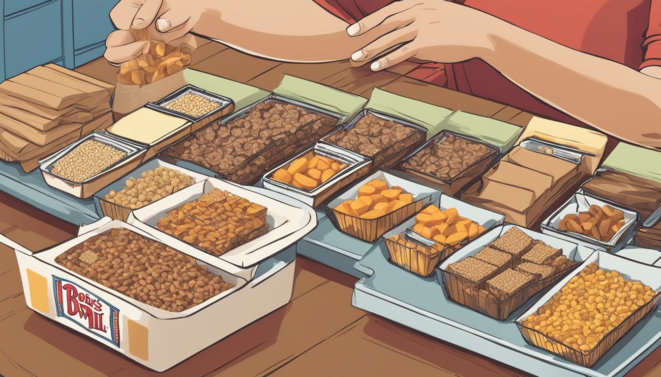 A table with an assortment of Bob's Red Mill snack bars, with a hand reaching for a bar but hesitating, indicating uncertainty about serving size