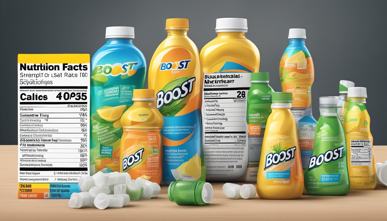 A table with multiple empty and partially consumed bottles of Boost Nutritional Drink, surrounded by scattered nutrition facts labels