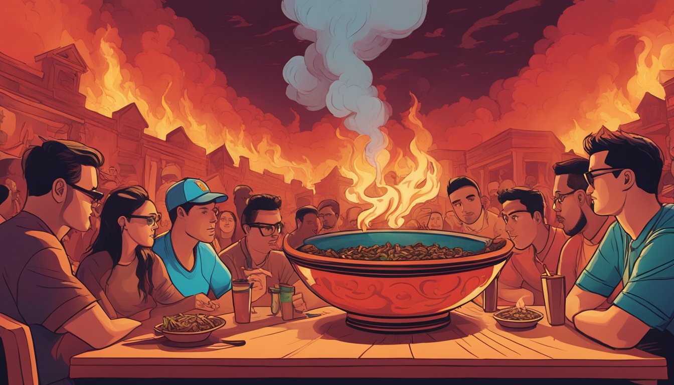 A steaming hot Inferno Bowl Challenge sits on a table at Salvador Molly's, surrounded by onlookers and a fiery red backdrop