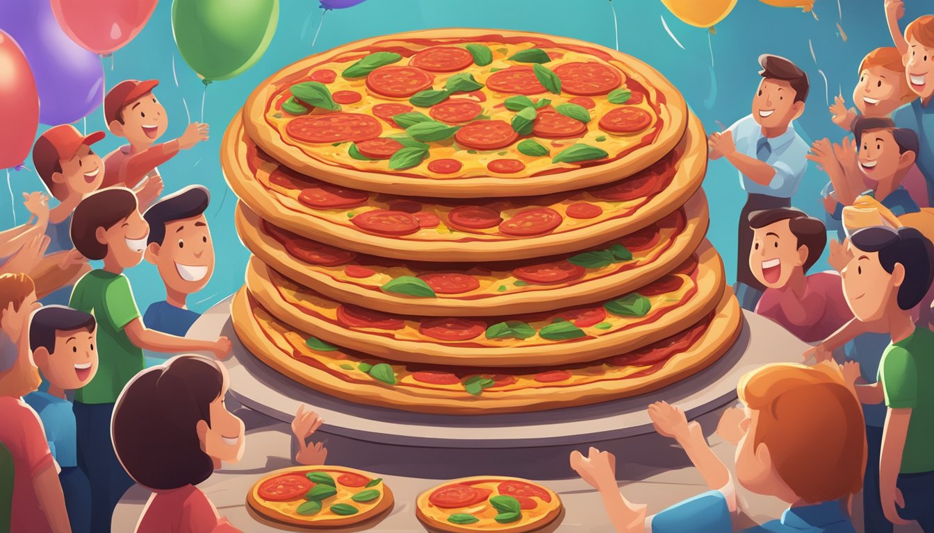 A towering stack of oversized pizzas looms on a table, surrounded by cheering spectators and a timer counting down