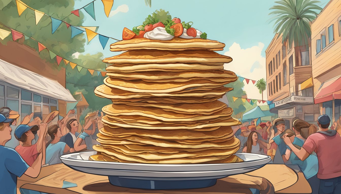 A towering stack of pancake tacos piled high with toppings, surrounded by cheering onlookers at Over Easy Arizona