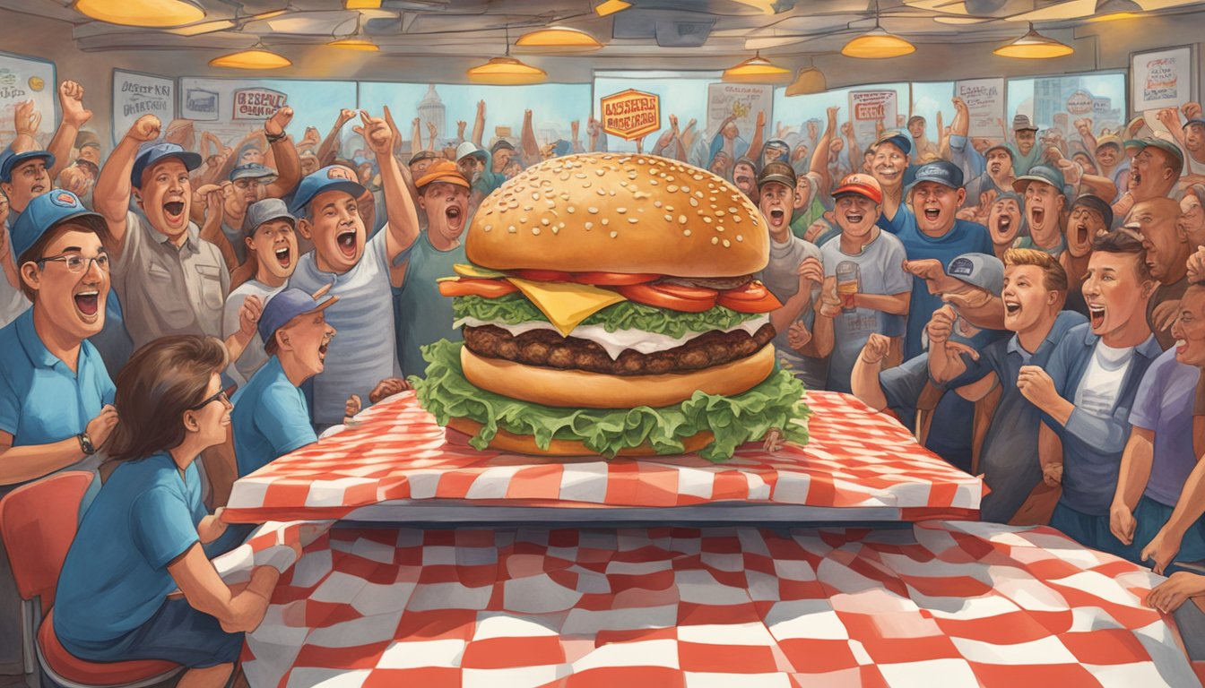 A massive burger sits atop a checkered tablecloth, surrounded by cheering onlookers and a sign boasting "Slick's Garage Gut Check Burger Challenge."