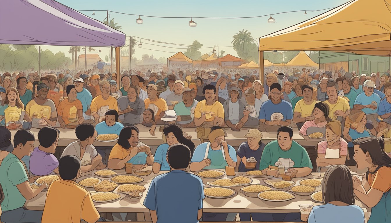 A crowded outdoor event with a row of contestants seated at a long table, surrounded by cheering spectators, as they compete in an Oxnard Tamale Eating Contest